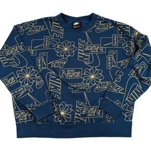 NIKE Pro Get Fit Icon Clash Print Fleece Sweatshirt Women's Size Large Teal Blue